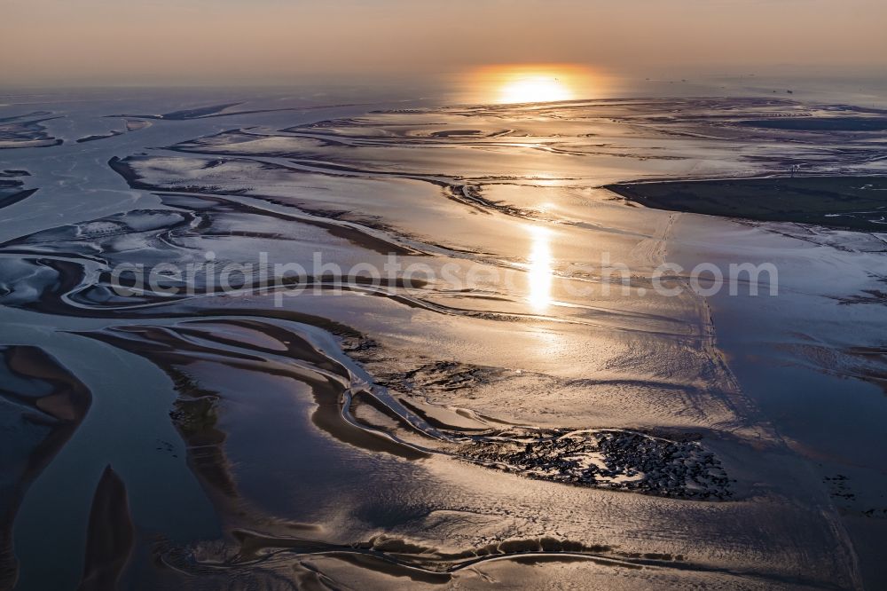 Cuxhaven from above - Sunset over the Wadden Sea landscape on the North Sea coast in Cuxhaven in the state, Germany