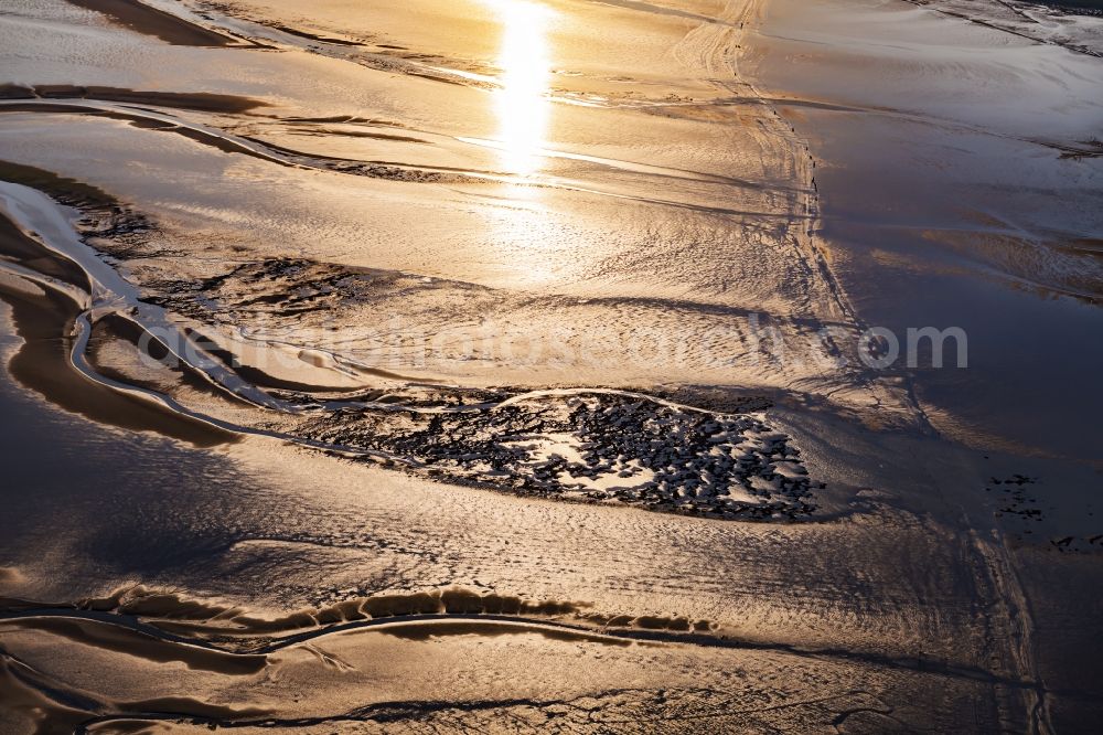 Cuxhaven from the bird's eye view: Sunset over the Wadden Sea landscape on the North Sea coast in Cuxhaven in the state, Germany