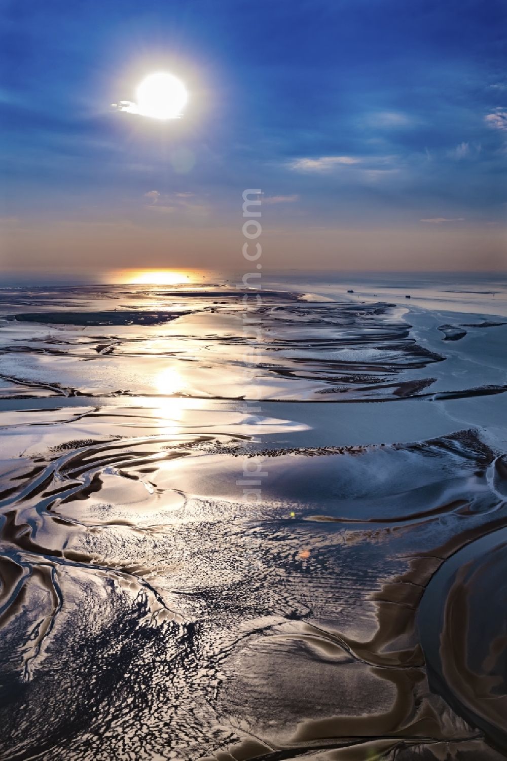 Aerial image Cuxhaven - Sunset over the Wadden Sea landscape on the North Sea coast in Cuxhaven in the state, Germany