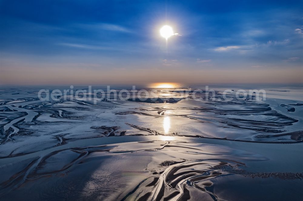 Cuxhaven from above - Sunset over the Wadden Sea landscape on the North Sea coast in Cuxhaven in the state, Germany