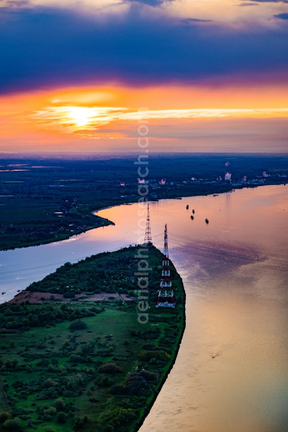 Lühesand from above - Sunset over the countryside and Elbe river in Luehesand in the state Lower Saxony, Germany