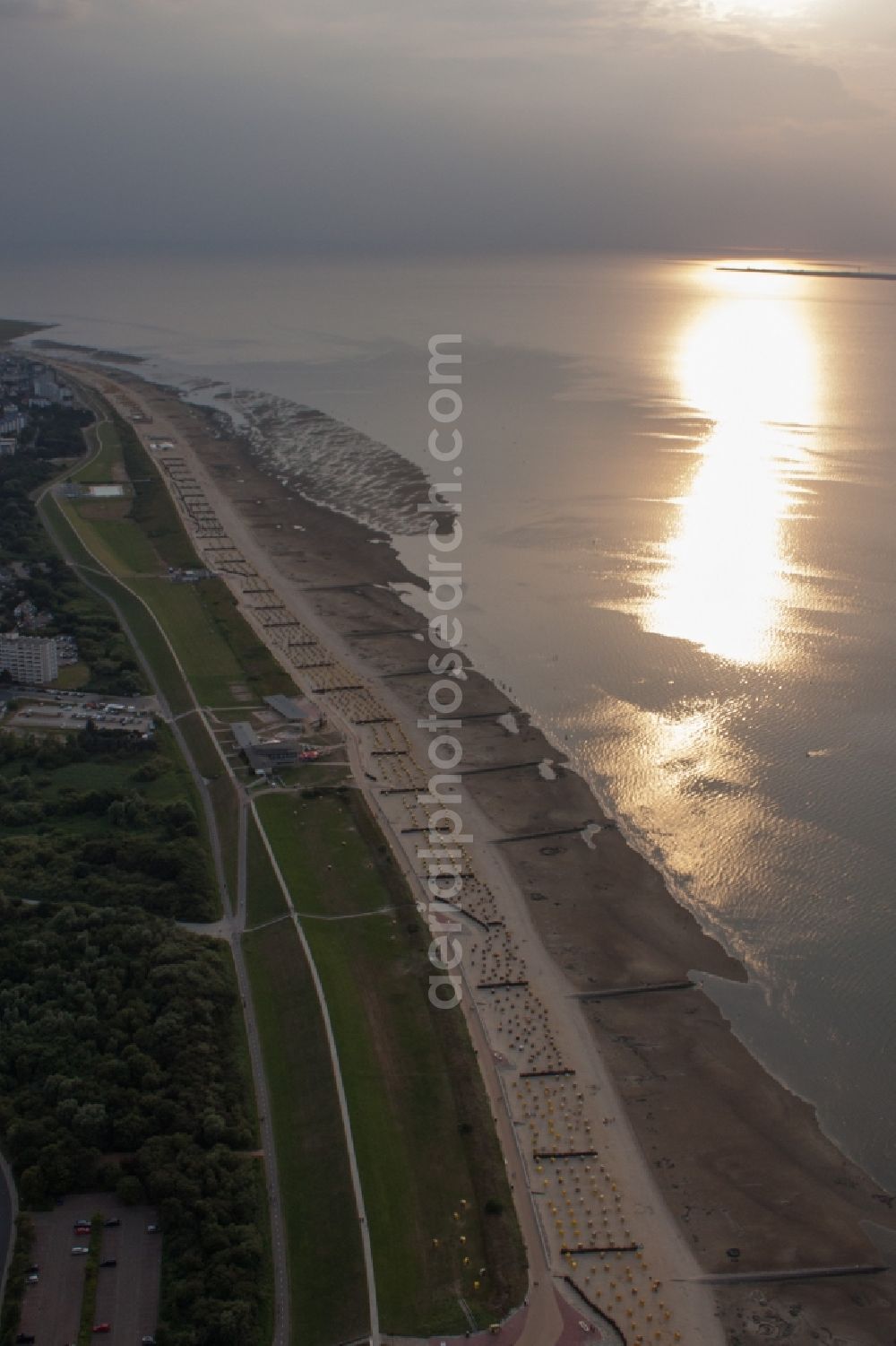 Aerial image Cuxhaven - Sunset over the countryside north sea shore in the district Doese in Cuxhaven in the state Lower Saxony