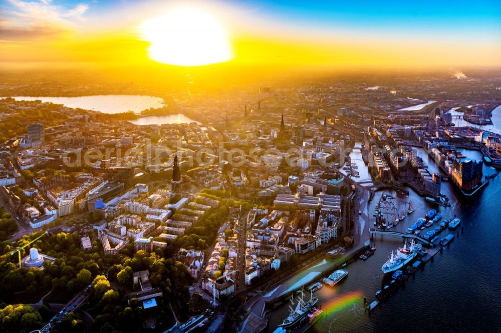 Aerial image Hamburg - Sunrise over inner city center in the district Neustadt in Hamburg, Germany