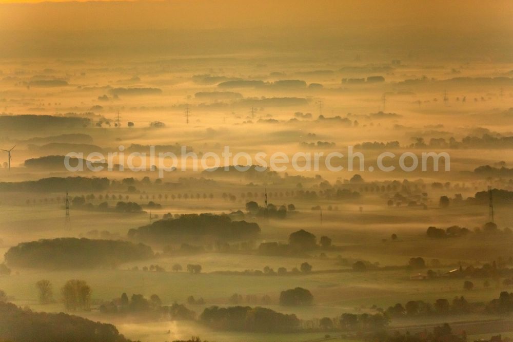 Hamm from above - Sunrise over the scenery of the eastern edge of town with farms and farming communities in Hamm in North Rhine-Westphalia