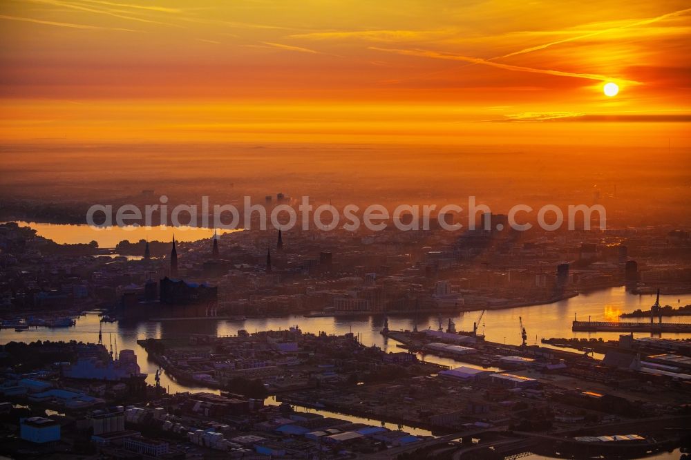 Hamburg from the bird's eye view: Sunrise over the city center of the inner city in Ortsteil Neustadt in Hamburg, Germany