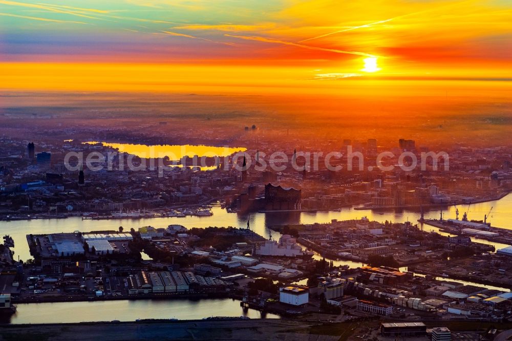 Hamburg from above - Sunrise over the city center of the inner city in Ortsteil Neustadt in Hamburg, Germany