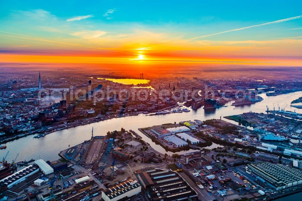 Hamburg from the bird's eye view: Sunrise over the city center of the inner city in Ortsteil Neustadt in Hamburg, Germany