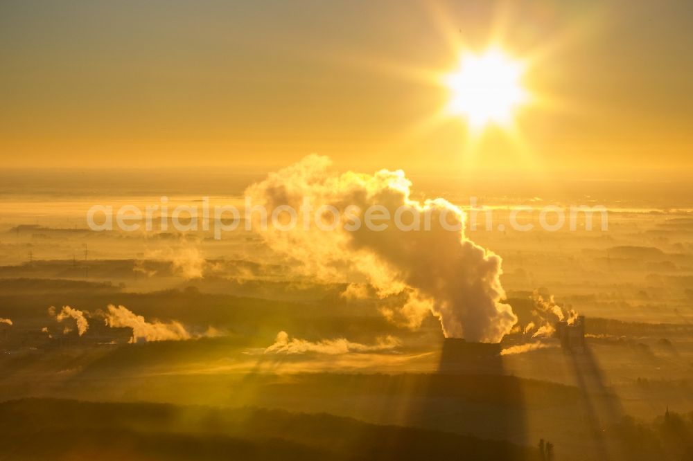 Hamm from above - Sunrise at coal-fired power plant of RWE in the district Schmehausen of Hamm in North Rhine-Westphalia