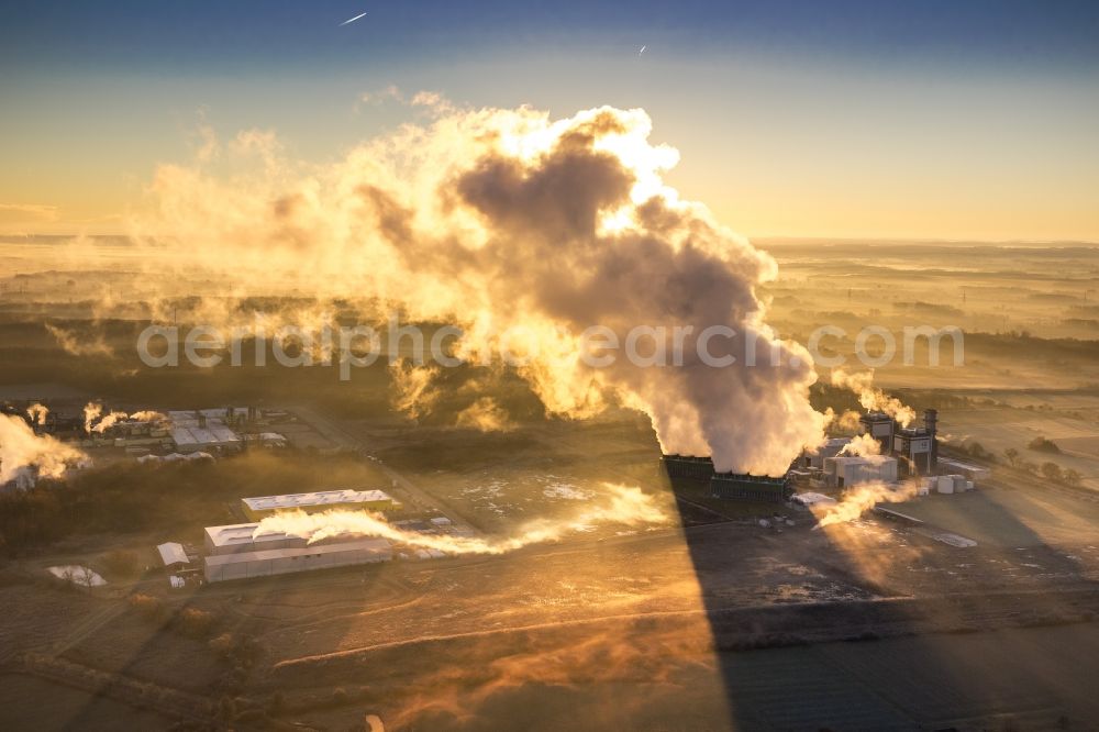 Hamm from above - Sunrise at coal-fired power plant of RWE in the district Schmehausen of Hamm in North Rhine-Westphalia