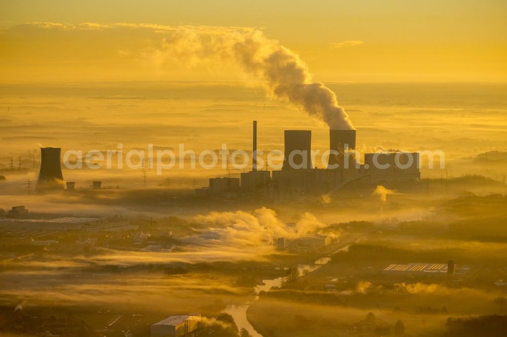 Hamm from above - Sunrise at coal-fired power plant of RWE in the district Schmehausen of Hamm in North Rhine-Westphalia