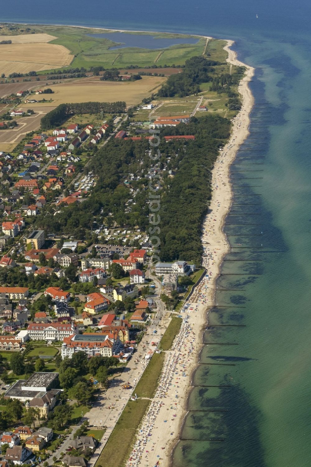 Kühlungsborn from above - Sunbathing, swimming and relaxing on the Baltic Sea - beach in Kuehlungsborn in Mecklenburg-Western Pomerania