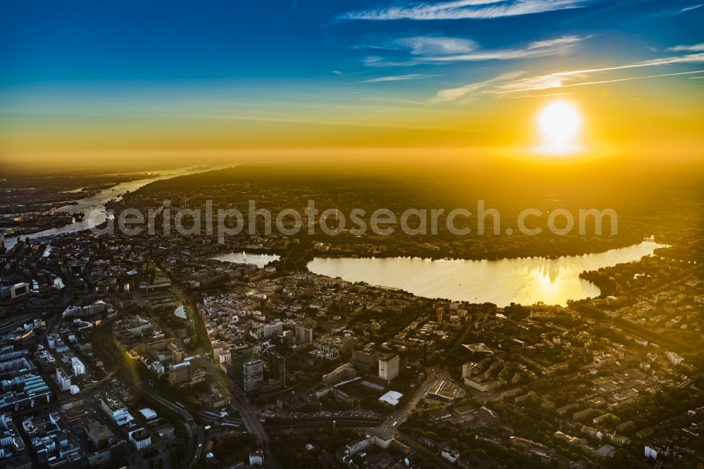 Aerial image Hamburg - Sunset over the city view of the downtown area on the shore areas of Binnenalster and Aussenalster in the district Sankt Georg in Hamburg, Germany