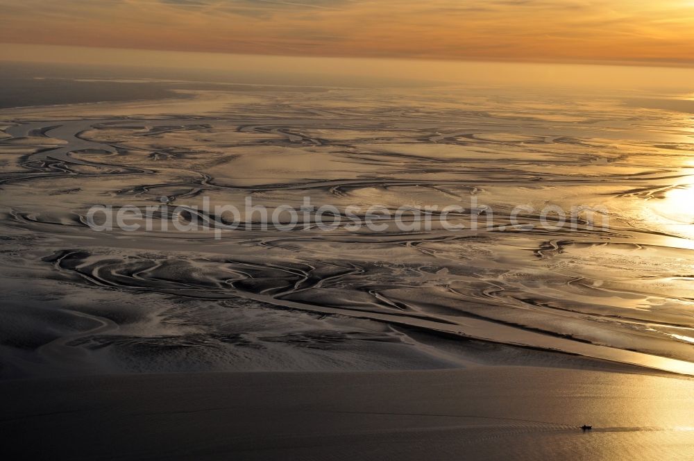 Aerial image Emden - North Sea coastal landscape with sunset at low tide on the Wadden Sea on the Ems estuary, near Emden in Lower Saxony