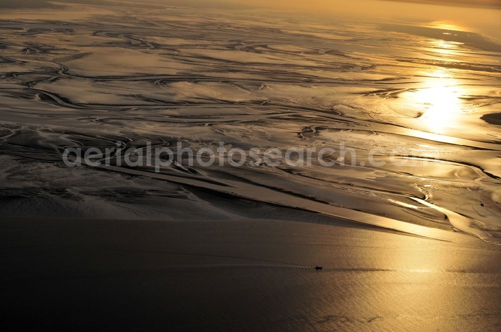 Aerial photograph Emden - North Sea coastal landscape with sunset at low tide on the Wadden Sea on the Ems estuary, near Emden in Lower Saxony