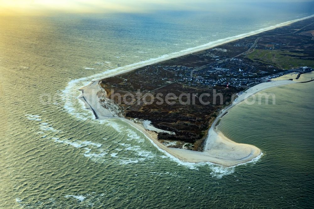 Hörnum (Sylt) from the bird's eye view: Coastline on the sandy beach of North Sea by sunset in Hoernum (Sylt) on Island Sylt in the state Schleswig-Holstein, Germany