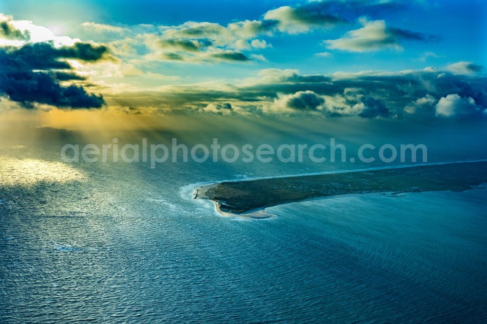 Hörnum (Sylt) from above - Coastline on the sandy beach of North Sea by sunset in Hoernum (Sylt) on Island Sylt in the state Schleswig-Holstein, Germany