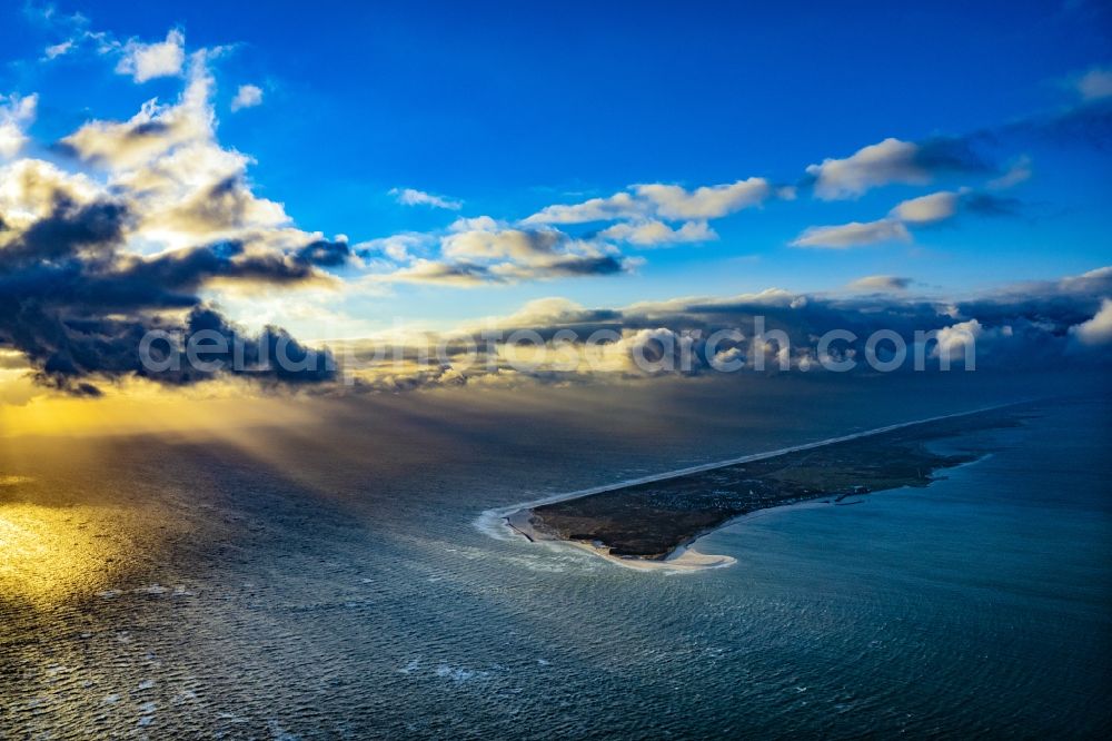 Aerial image Hörnum (Sylt) - Coastline on the sandy beach of North Sea by sunset in Hoernum (Sylt) on Island Sylt in the state Schleswig-Holstein, Germany