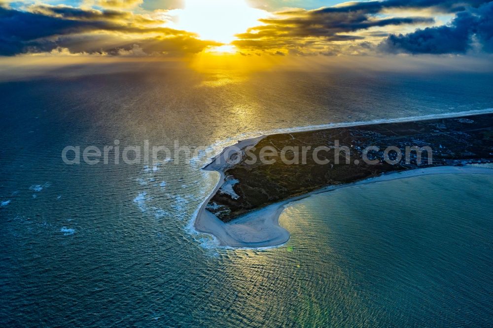 Aerial image Hörnum (Sylt) - Coastline on the sandy beach of North Sea by sunset in Hoernum (Sylt) on Island Sylt in the state Schleswig-Holstein, Germany