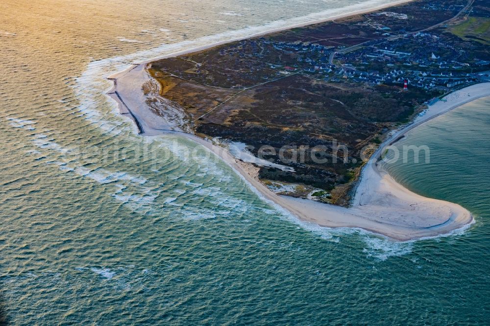 Aerial photograph Hörnum (Sylt) - Coastline on the sandy beach of North Sea by sunset in Hoernum (Sylt) on Island Sylt in the state Schleswig-Holstein, Germany