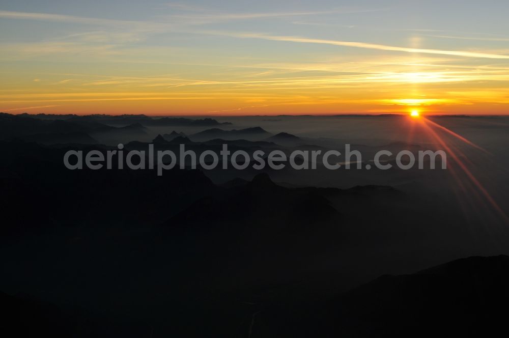 Aerial photograph Wallis - Sunset with silhouette of the Swiss Alps in the triangle in Valais, Switzerland