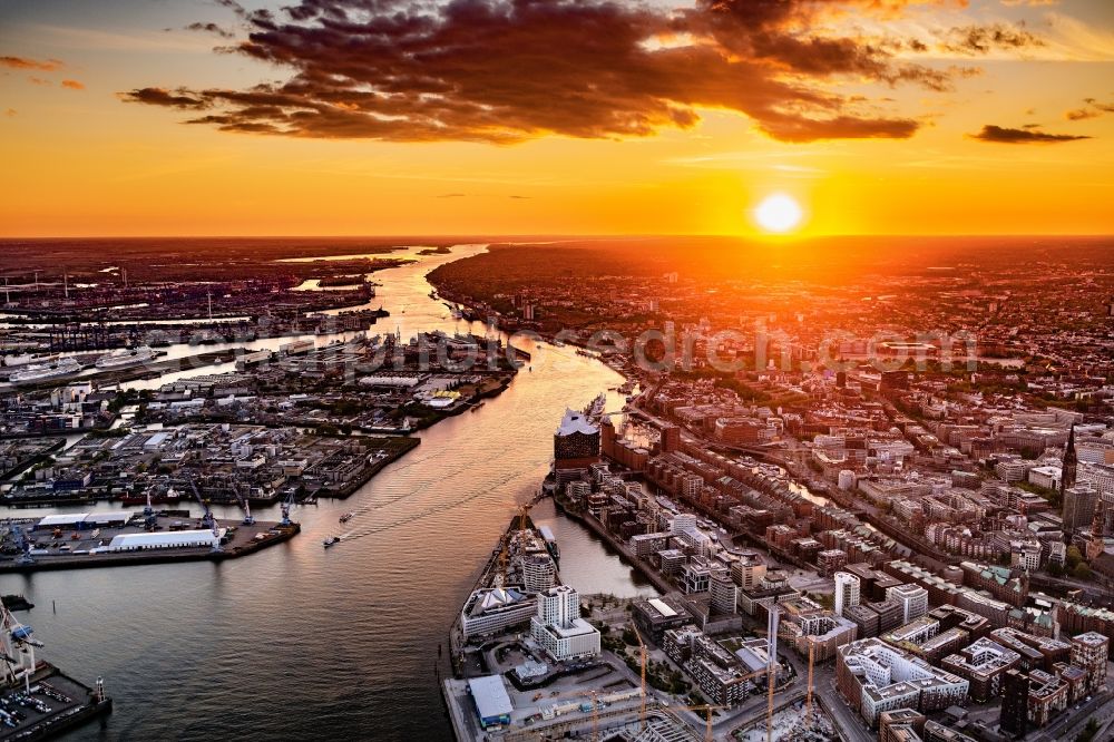 Hamburg from above - Sunset on the river bank of Norderelbe in Hamburg, Germany