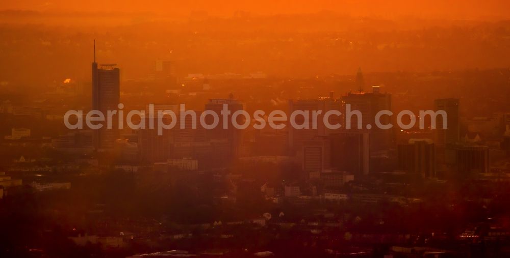 Essen from above - Sunset-skyline in Essen in North Rhine-Westphalia