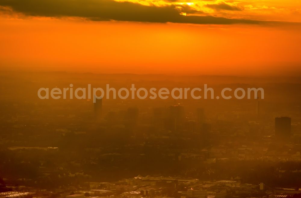 Essen from the bird's eye view: Sunset-skyline in Essen in North Rhine-Westphalia