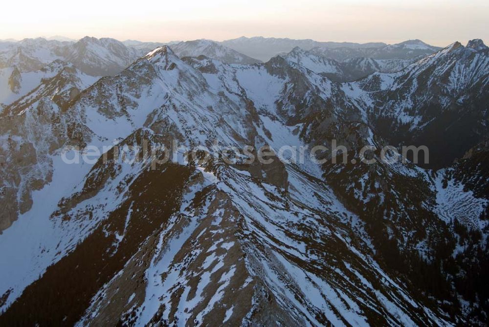 Aerial image Kempten - Sonnenuntergangsstimmung über den Alpenketten südlich der Region Kempten im Allgäu (Bayern).