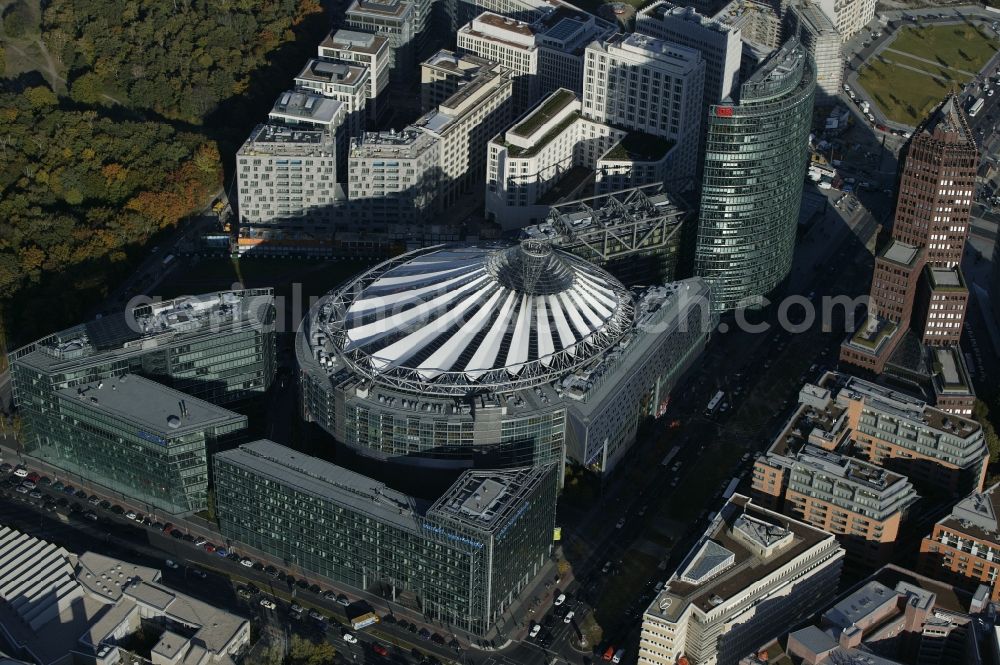 Berlin from above - On the plaza Potsdamer Platz in the district Tiergarten in Berlin, several buildings like the SonyCenter, the Bahntower and the Kollhoff-Tower are located