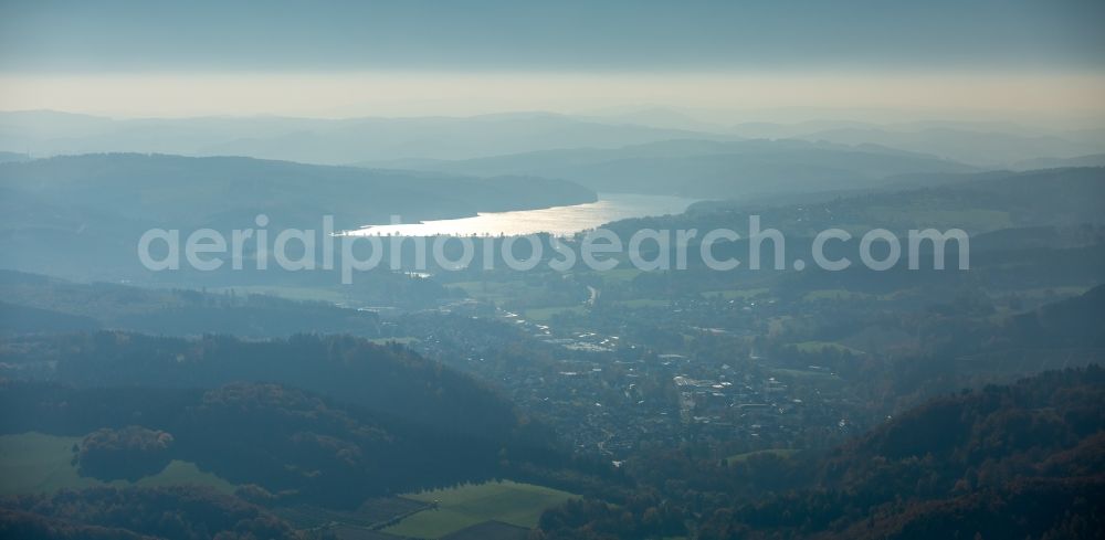 Sundern (Sauerland) from above - Lake Sorpe in Sundern in the state of North Rhine-Westphalia. The Sorpe's reservoir is one of the major artificial lakes of the Sauerland's Ruhrverband reservoir association. Besides serving as a water supply, it is utilized for electricity generation and as a leisure and recreation area