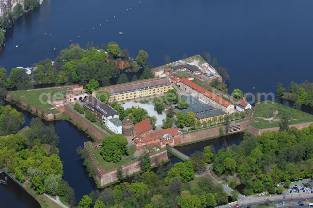 Berlin from the bird's eye view: Blick auf die Spandauer Zitadelle, einer der bedeutendsten und besterhaltenen Renaissancefestungen Europas mit Museum und großem Veranstaltungsbereich für Konzerte. View of Spandau Citadel, one of the most important and best preserved Renaissance fortresses in Europe with a museum and a large event area for concerts.