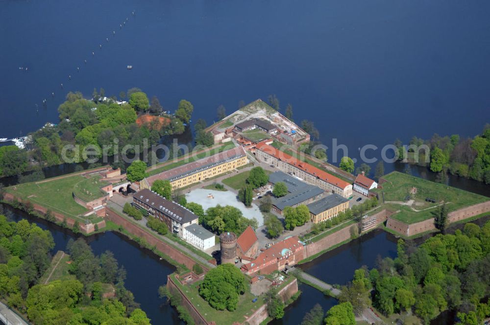 Aerial image Berlin - Blick auf die Spandauer Zitadelle, einer der bedeutendsten und besterhaltenen Renaissancefestungen Europas mit Museum und großem Veranstaltungsbereich für Konzerte. View of Spandau Citadel, one of the most important and best preserved Renaissance fortresses in Europe with a museum and a large event area for concerts.