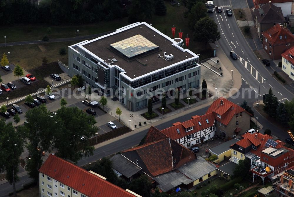 Heilbad Heiligenstadt from the bird's eye view: Sparkasse on the corner of the streets Petristraße and Mühlgraben in Heilbad Heiligenstadt in Thuringia