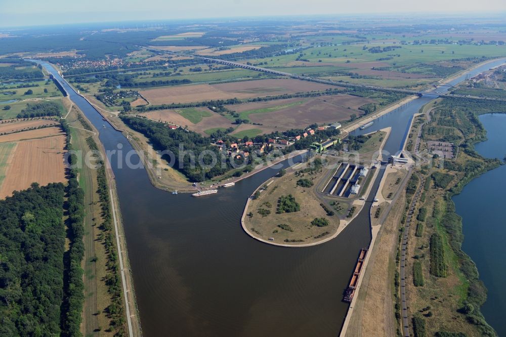 Aerial photograph Magdeburg - Thrift lock Rothensee in the Rothensee connection canal at the waterway cross Magdeburg and the lift lock Rothensee in the state Saxony-Anhalt