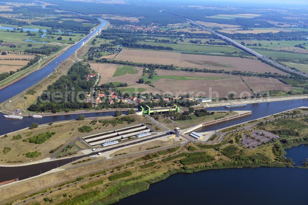 Magdeburg from above - Thrift lock Rothensee in the Rothensee connection canal at the waterway cross Magdeburg and the lift lock Rothensee in the state Saxony-Anhalt