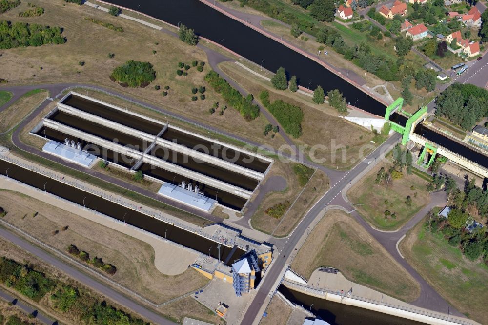 Aerial image Magdeburg - Thrift lock Rothensee in the Rothensee connection canal at the waterway cross Magdeburg and the lift lock Rothensee in the state Saxony-Anhalt