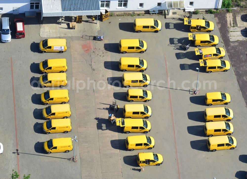 Genthin from above - Freight forwarding building and to be loaded vehicles logistics and transport company DHL - German Post in Genthin in Saxony-Anhalt