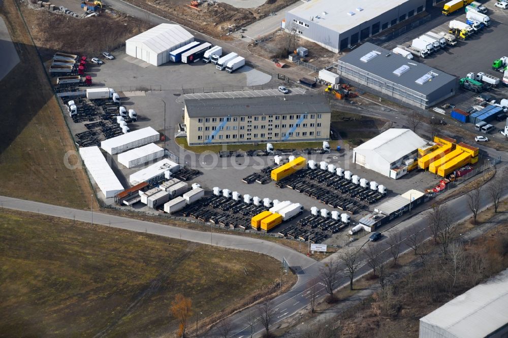 Hoppegarten from the bird's eye view: Freight forwarding building a logistics and transport company of Paul Kolberg GmbH on Neuer Hoenower Weg in Hoppegarten in the state Brandenburg, Germany