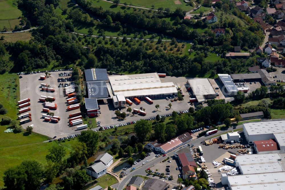 Krautheim from above - Freight forwarding building a logistics and transport company of Ruedinger Spedition GmbH at the Uferweg in Krautheim in the state Baden-Wurttemberg, Germany