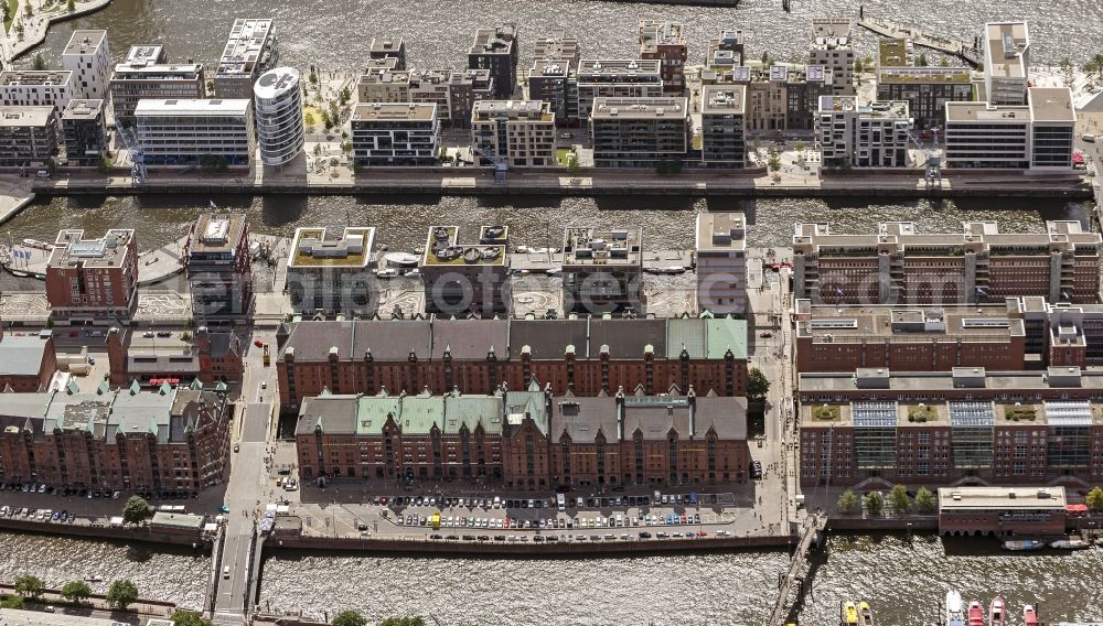 Hamburg from the bird's eye view: Warehouse district on the banks of the Elbe River in Hamburg harbor