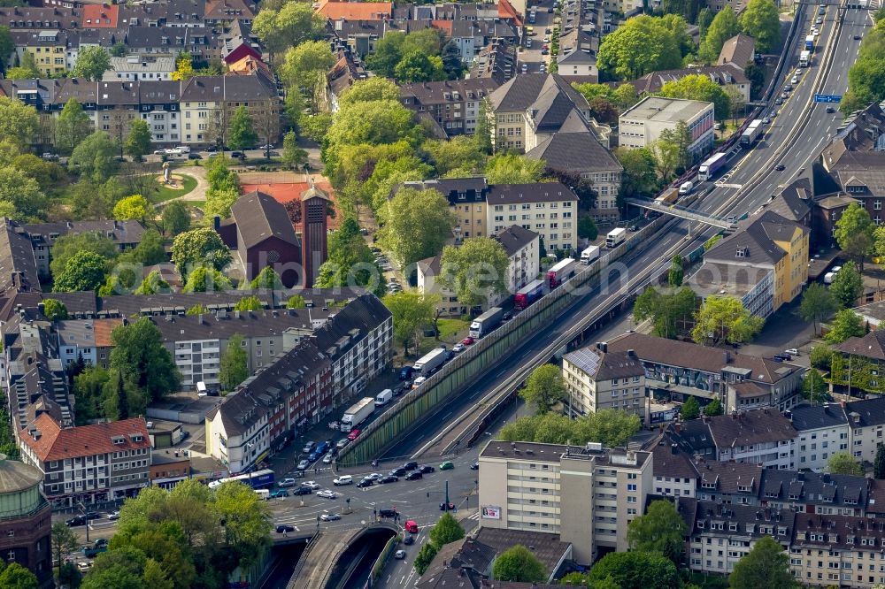 Essen from above - View of the blocking of the freeway A 40 in Essen in the state of North Rhine-Westphalia