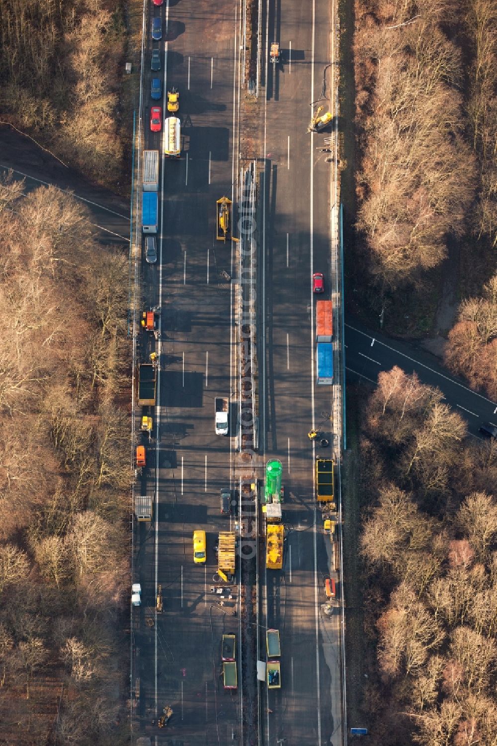 Herdecke from above - Blocking the motorway A45 Sauerlandlinie for repair- and maintenance work on the asphalt driving ceiling - covering at Herdecke in North Rhine-Westphalia