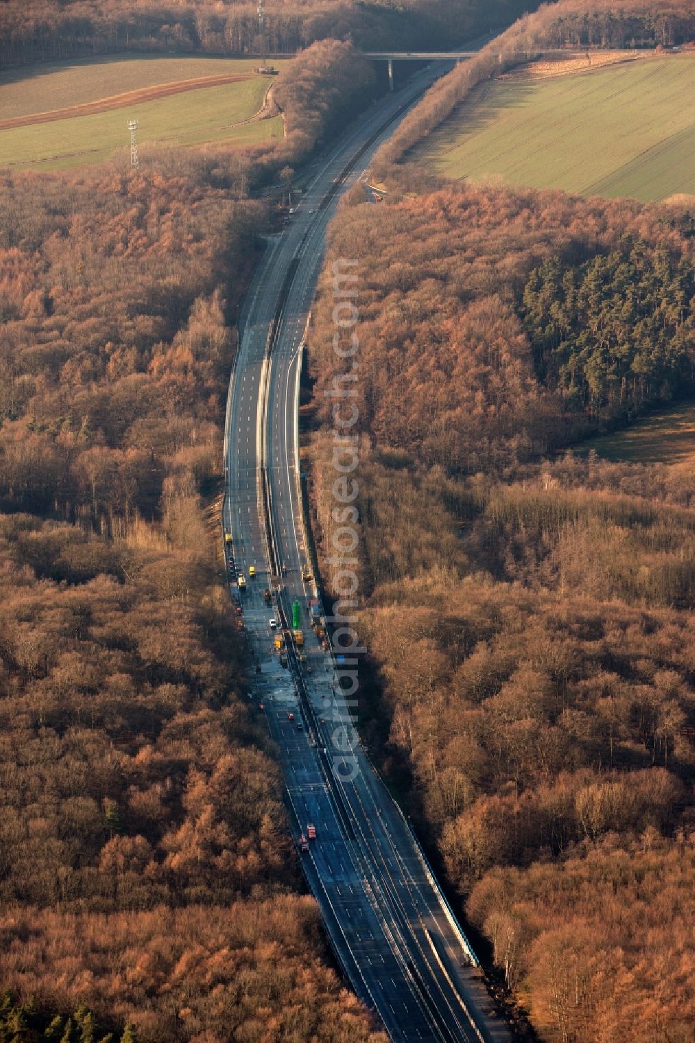 Herdecke from the bird's eye view: Blocking the motorway A45 Sauerlandlinie for repair- and maintenance work on the asphalt driving ceiling - covering at Herdecke in North Rhine-Westphalia