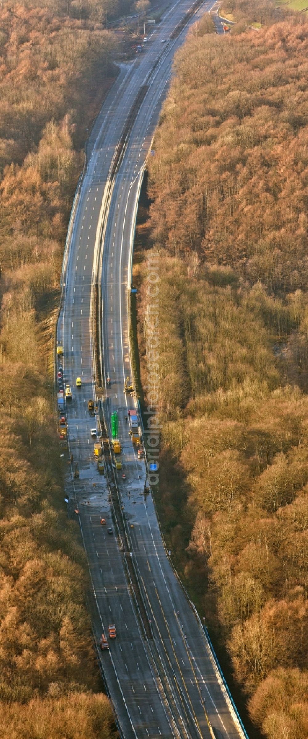 Aerial image Herdecke - Blocking the motorway A45 Sauerlandlinie for repair- and maintenance work on the asphalt driving ceiling - covering at Herdecke in North Rhine-Westphalia