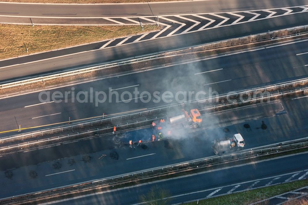 Herdecke from above - Blocking the motorway A45 Sauerlandlinie for repair- and maintenance work on the asphalt driving ceiling - covering at Herdecke in North Rhine-Westphalia