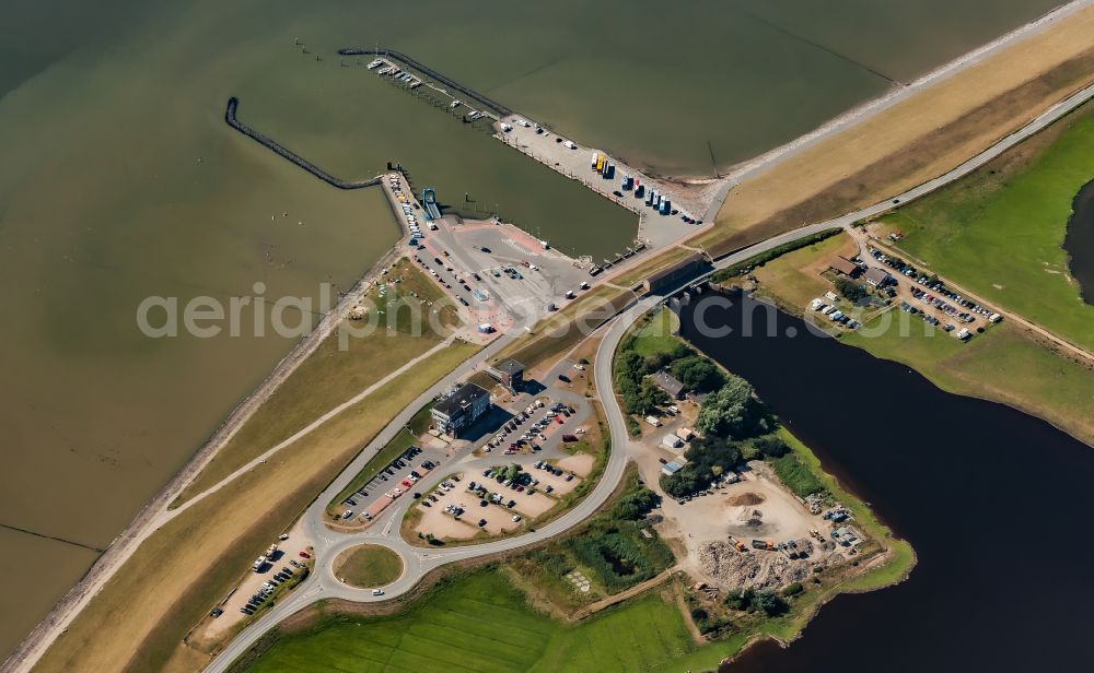 Ockholm from above - Barrier lock system and ferry port Schluettsiel in Hauke-Haien-Koog in North Friesland in the state Schleswig-Holstein, Germany