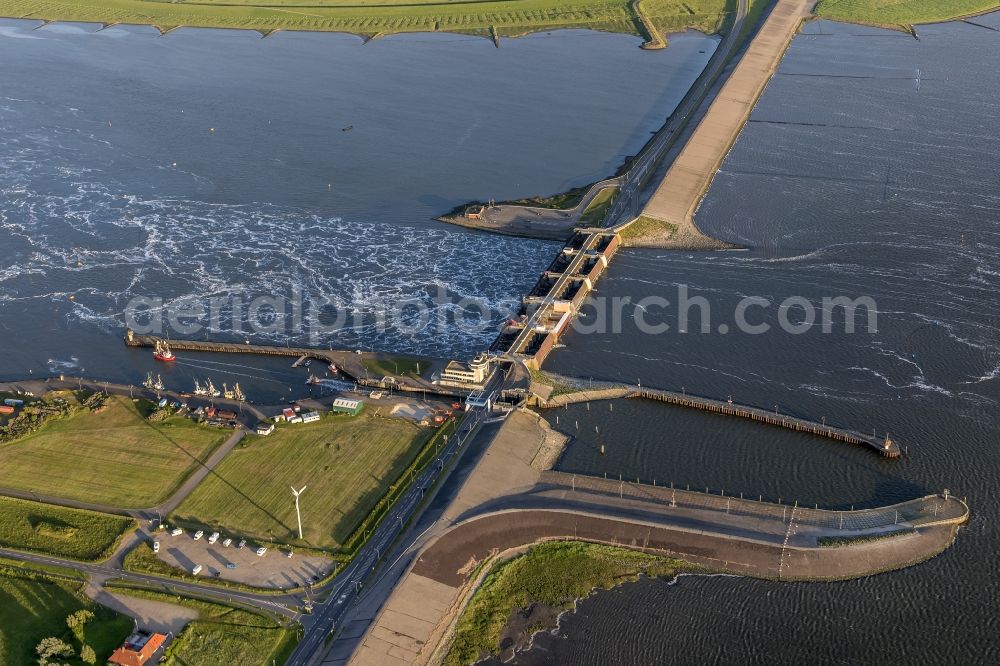 Wesselburenerkoog from the bird's eye view: Lockage of the Eider-Sperrwerk in Wesselburenerkoog in the state Schleswig-Holstein