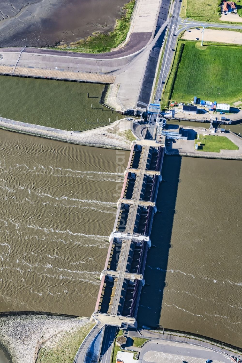 Wesselburenerkoog from above - Lockage of the Eider-Sperrwerk in Wesselburenerkoog in the state Schleswig-Holstein