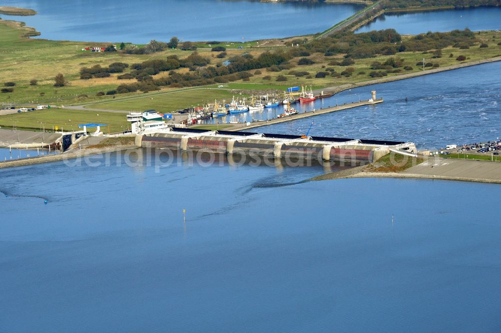 Wesselburenerkoog from above - Lockage of the the Eider to the North Sea in Wesselburenerkoog in the state Schleswig-Holstein, Germany