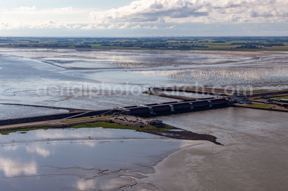 Wesselburenerkoog from above - Lockage of the the Eider to the North Sea in Wesselburenerkoog in the state Schleswig-Holstein, Germany